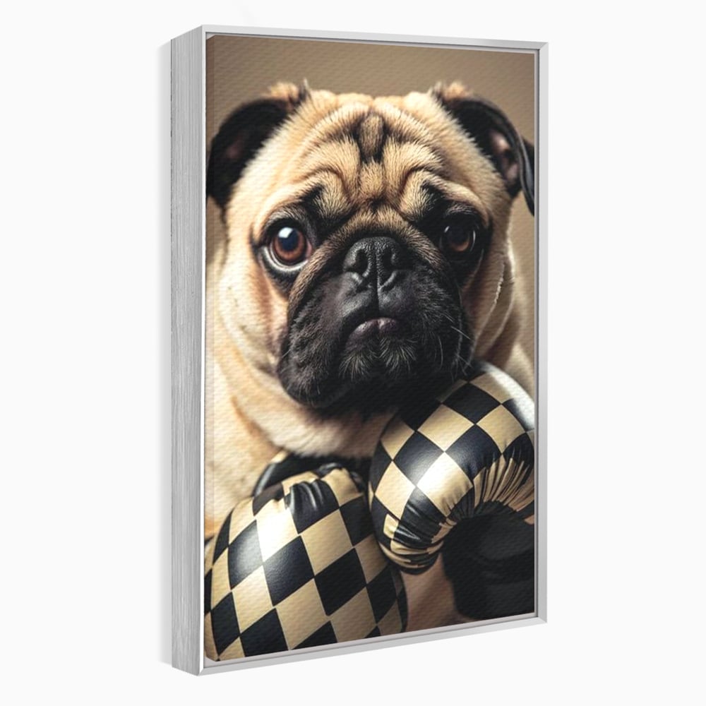 Tablou canvas cu tablou canvas cu pug in manusi de box, in rama de aluminiu argintiu